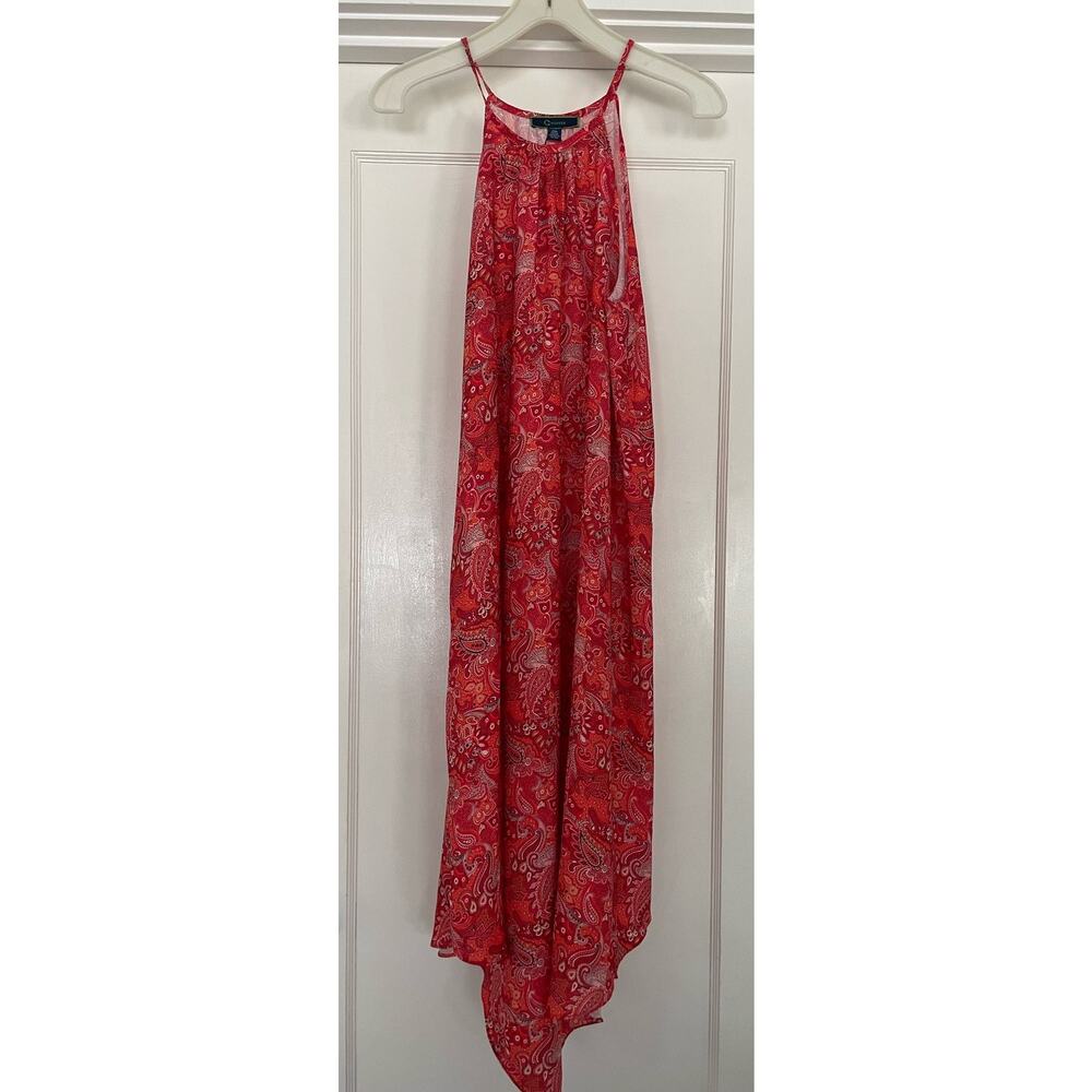 C. Wonder Women Medium Sleeveless Halter Handkerchief Hem Dress Red Paisley NWTT